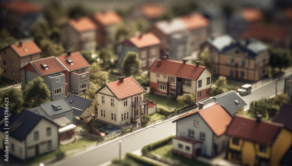modern generic suburb style miniature model of houses neighborhood with tilt-shift focus technique - mixed 3D with manual matte painting digital image, Generative AI