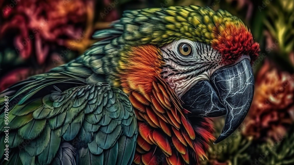 Obraz premium Generative AI. Realistic Parrot bird. Can be used for decoration. Graphic Art Illustration.
