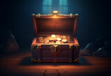 Treasure box, illustration of medieval ancient wooden cartoon chests, game old pirate treasures, lock boxes for gold.