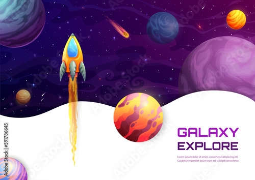 Space landing page. Cartoon spaceship launch and galaxy planets. Company social media homepage layout, business project internet site vector template with rocketship in outerspace, galaxy planets