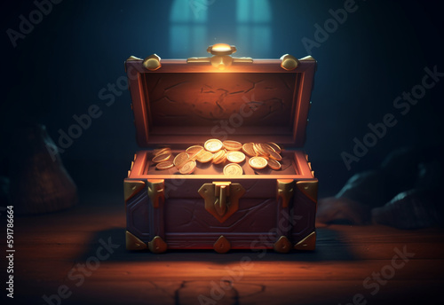 Treasure box, illustration of medieval ancient wooden cartoon chests, game old pirate treasures, lock boxes for gold.