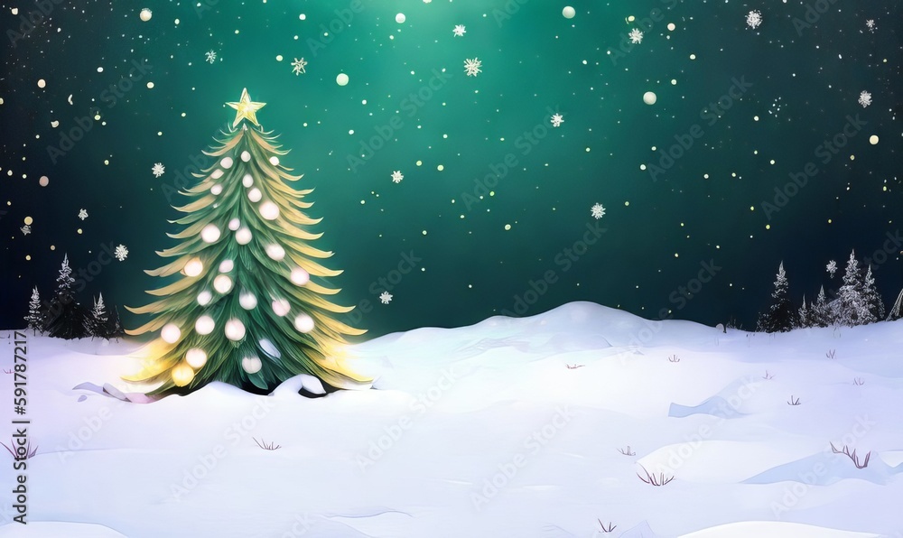 A Festive Christmas Tree and Snowy Forest, a Magical Christmas Background. Generative AI.