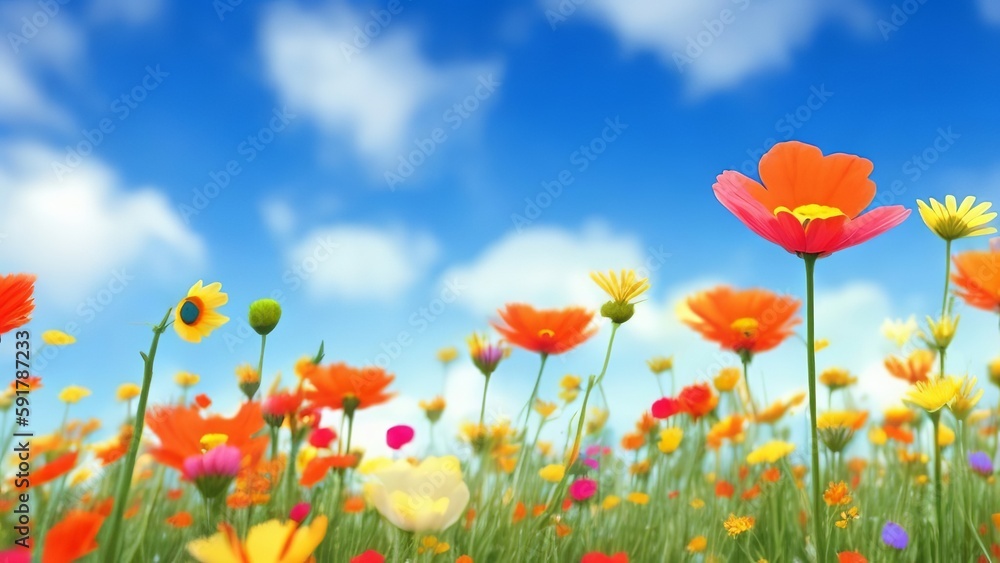 Dreamy flowery background with a field of flowers and a blue sky in the distance. Generative AI.