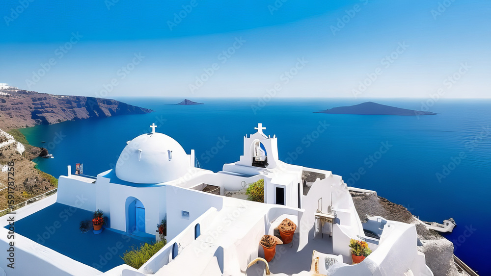 The idyllic blue and white belfries of Santorini Island, Greece. Generative AI. - obrazy, fototapety, plakaty 
