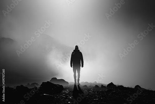 Silhouette of a human moving toward the uncertainty surrounded by mist and fog. Generative AI
