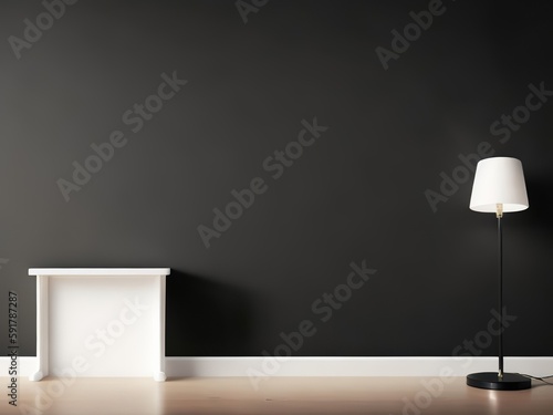 A table and a white lamp are set against a black, textured wall in this lovely minimalist presentation background. Generative AI.