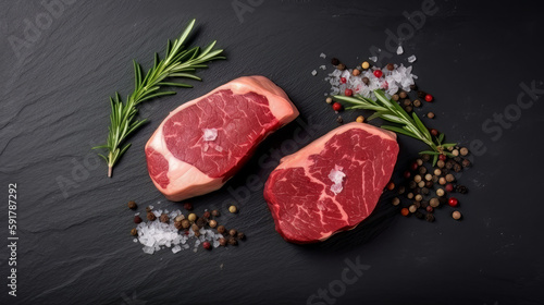 Raw steak on a slate. Two raw steaks on a dark shale background. generative ai. Slice of meat with salt, pepper and herbs