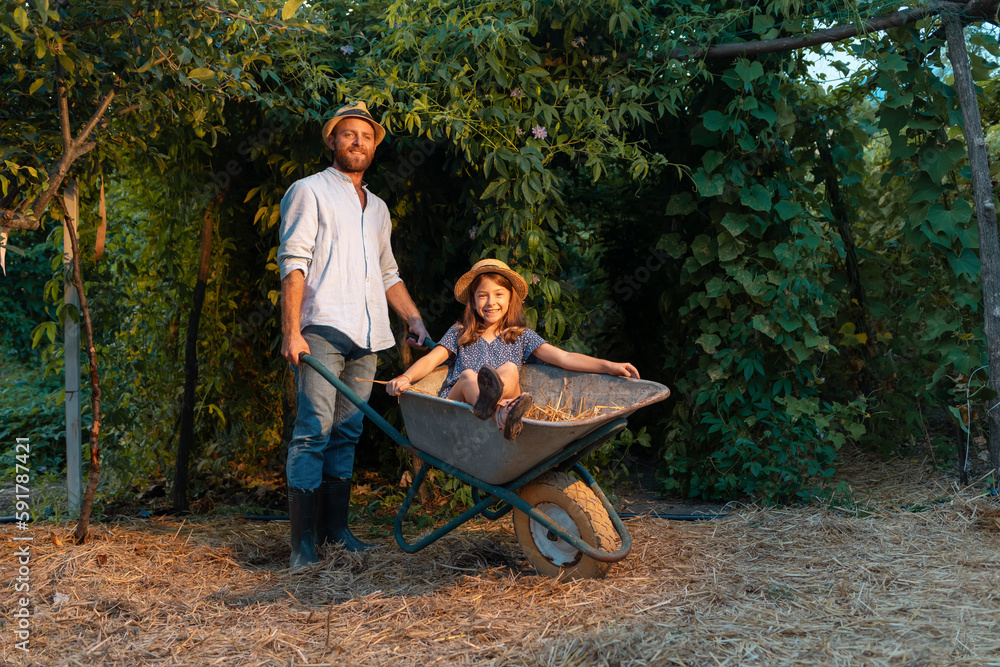 Smiling bearded father in a straw hat is pushing a cart with a happy little daughter. Family weekends together in the backyard. The concept of gardening Smiling bearded father in a straw hat is pushing a cart with a happy little daughter. Family weekends together in the backyard. The concept of gardening