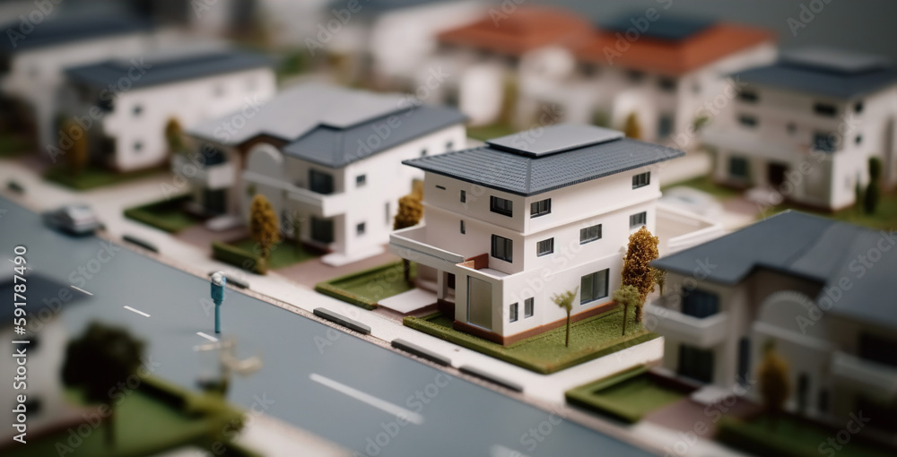 modern generic contemporary style miniature model of townhouse neighborhood with tilt-shift focus technique, Generative ai modern generic contemporary style miniature model of townhouse neighborhood with tilt-shift focus technique, Generative ai