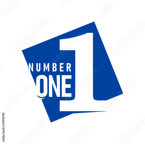 Number one icon or first place business emblem and best product vector label. Number one of white 1 in blue square, achievement award and winner badge for company or corporate appreciation badge
