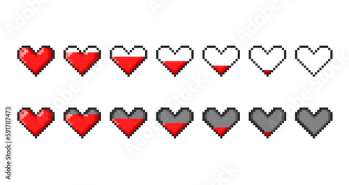 Pixel heart. Vintage console game user interface element, 8bit arcade or videogame player health or life vector indicator, menu pixel GUI energy level bar with full of blood and empty hearts line