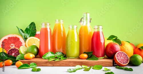 Summer drinks. Citrus fruit juices, fresh and smoothies, food background. Mix of different whole and cut fruits: orange, grapefruit, lime, tangerine with leaves and bottles with beverages