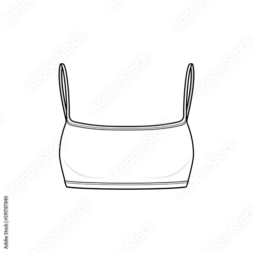 Crop bra top fashion technical drawing template. with elasticated straps. Bra top technical fashion Illustration, front view design, isolated in white, women's, CAD mockup.