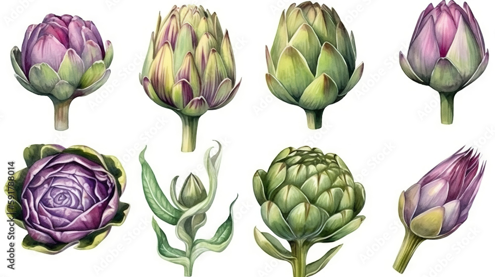 Fototapeta premium Set of illustrations of artichokes, garden plants, decorative design elements, watercolor illustrations isolated on white background usable for design stickers wallpapers Generative AI