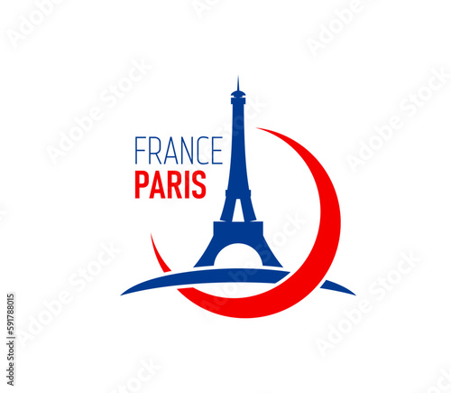Paris Eiffel tower icon, France flag colors symbol for travel and tourism, vector French landmark. Eiffel tower emblem with France flag for fashion brand, cosmetics or perfume and clothing store
