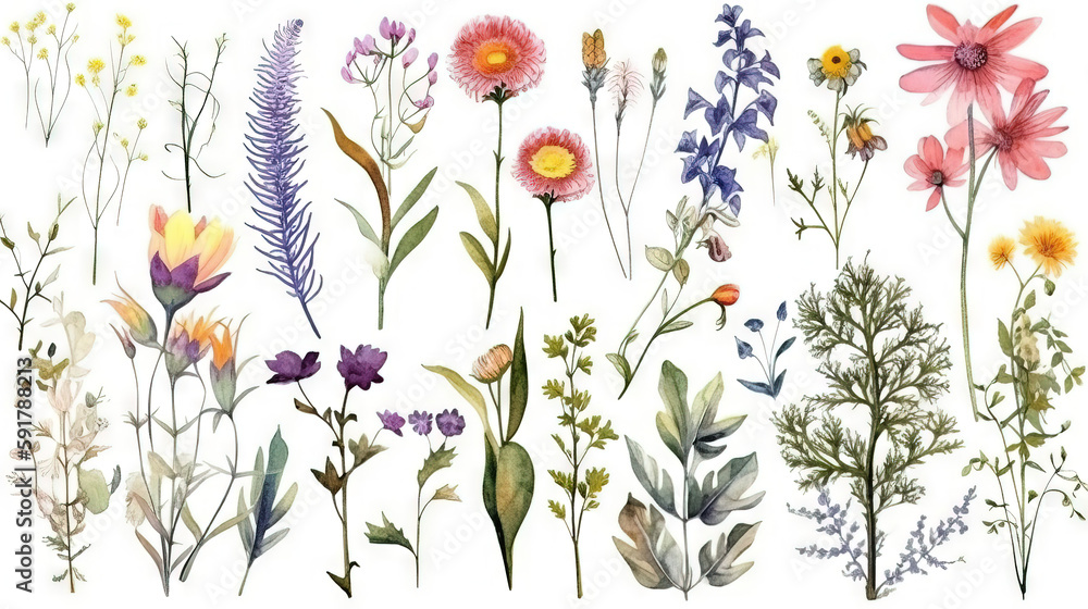 Set of illustrations of flowers, plants, pots, garden plants, decorative design elements, watercolor illustrations isolated on white background usable for design stickers wallpapers Generative AI Set of illustrations of flowers, plants, pots, garden plants, decorative design elements, watercolor illustrations isolated on white background usable for design stickers wallpapers Generative AI