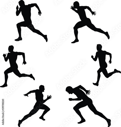 set group man runner sprinter running in athletics race black silhouette on white background