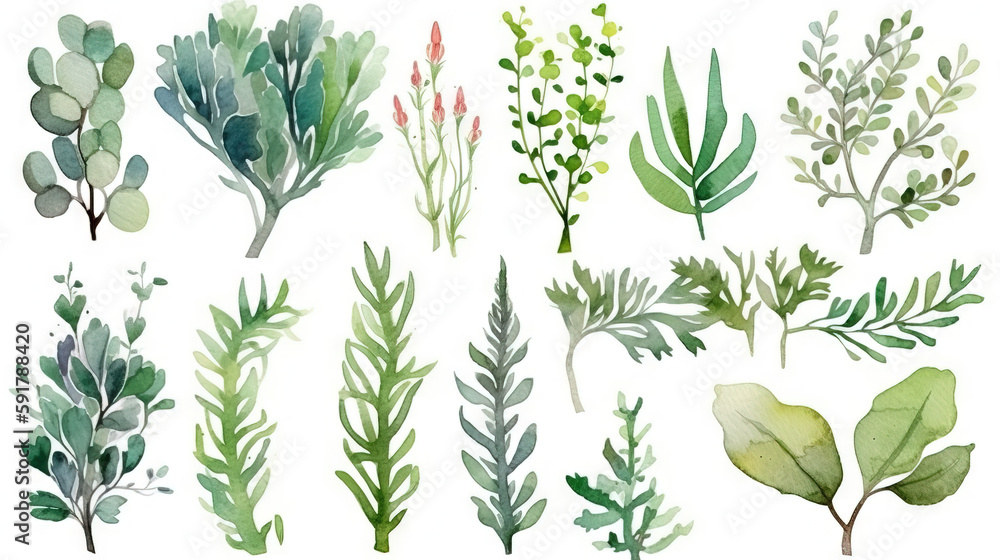 Set of illustrations of flowers, plants, pots, garden plants, decorative design elements, watercolor illustrations isolated on white background usable for design stickers wallpapers Generative AI Set of illustrations of flowers, plants, pots, garden plants, decorative design elements, watercolor illustrations isolated on white background usable for design stickers wallpapers Generative AI