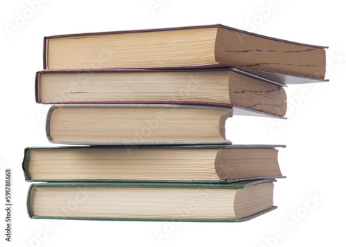Pile of books. Tail edges of the book. Isolated on a white background.