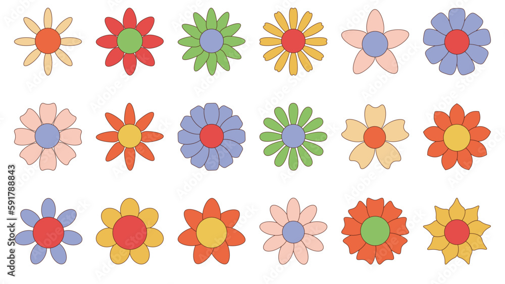 Cute set of simple groovy daisy flowers in flat cartoon style isolated on white background. Chamomile flowers, Chrysanthemum.