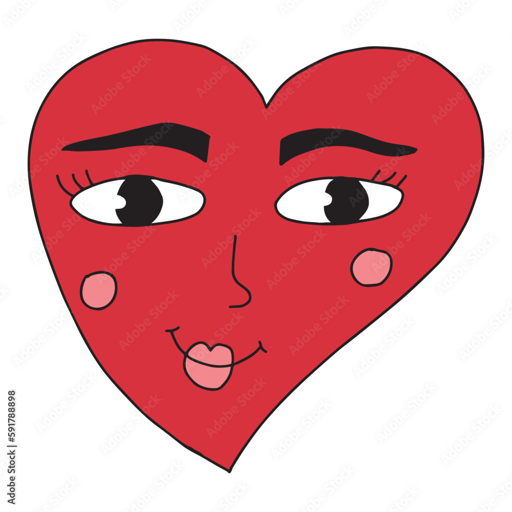 Cute happy groovy heart shape with face isolated on white background.