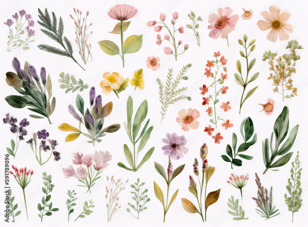 Set of illustrations of flowers, plants, pots, garden plants, decorative design elements, watercolor illustrations isolated on white background usable for design stickers wallpapers Generative AI Set of illustrations of flowers, plants, pots, garden plants, decorative design elements, watercolor illustrations isolated on white background usable for design stickers wallpapers Generative AI