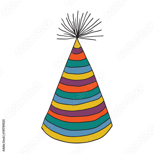 Cute doodle striped birthday party hat isolated on white background.