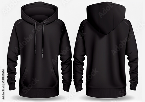 Oversized Blank black male hoodie sweatshirt long sleeve template, mens hoody with hood for your design mockup for print, isolated on white background. Sport winter clothes template. Generative Ai.