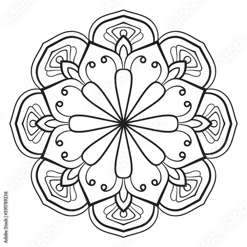 Black outline flower mandala. Doodle round decorative element for coloring book isolated on white background. Floral geometric circle.