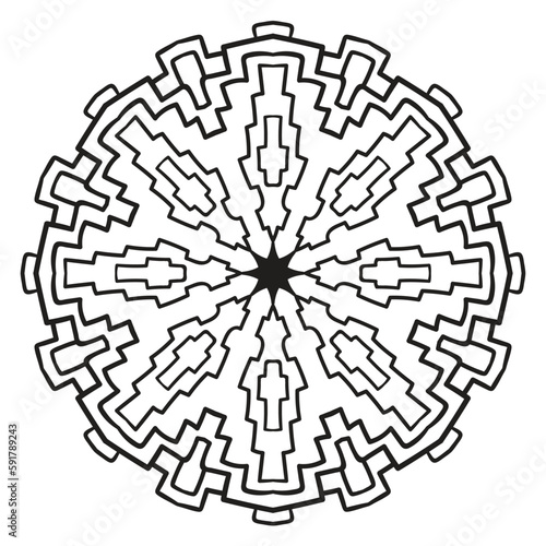 Black outline flower mandala. Doodle round decorative element for coloring book isolated on white background. Floral geometric circle.