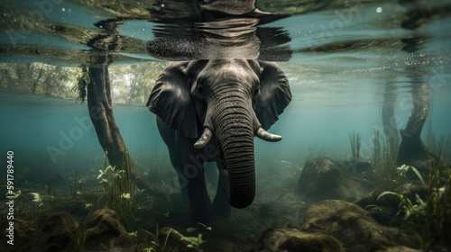 Elephant walking under water. Generative AI