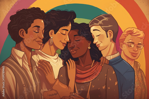 A poster featuring homosexual couples of different ethnicities, ages and styles embracing over a Pride flag background. Generative AI.