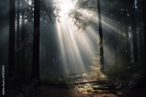 Dark, moody forest, with sunlight streaming through the trees