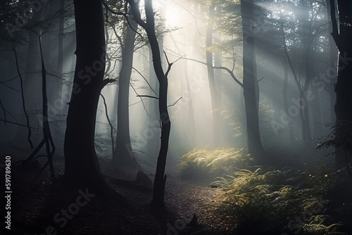 Dark  moody forest  with sunlight streaming through the trees