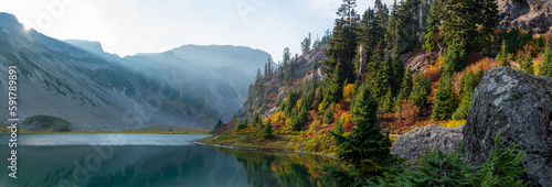 Panoramin view of Bagley Lake hiking trail at Mount Baker in Autumn