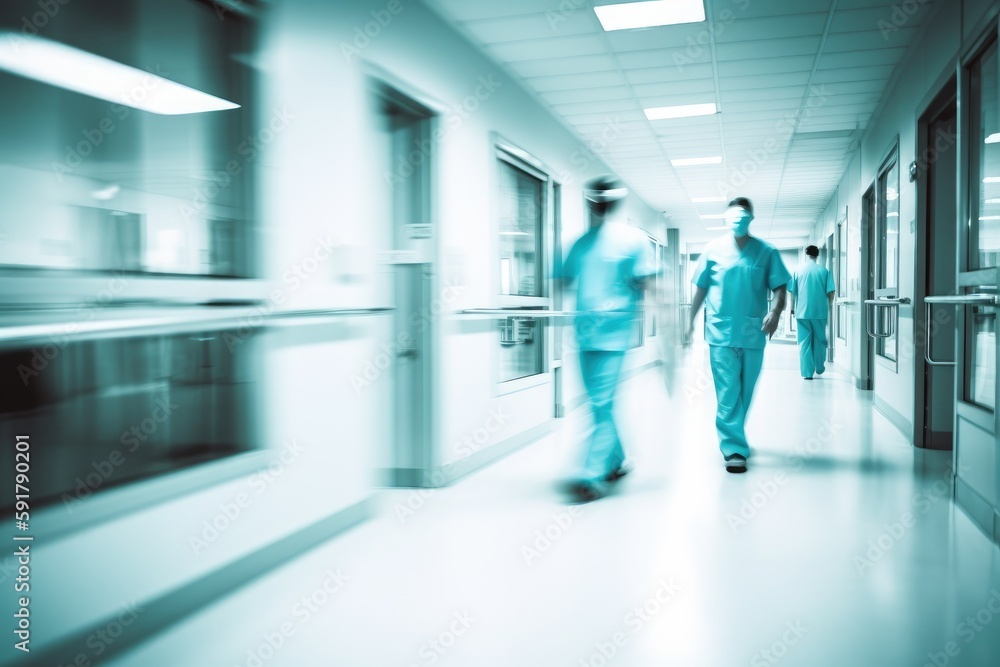 Doctors in blur walk down the corridor in the hospital. Medical staff. Generative AI Doctors in blur walk down the corridor in the hospital. Medical staff. Generative AI