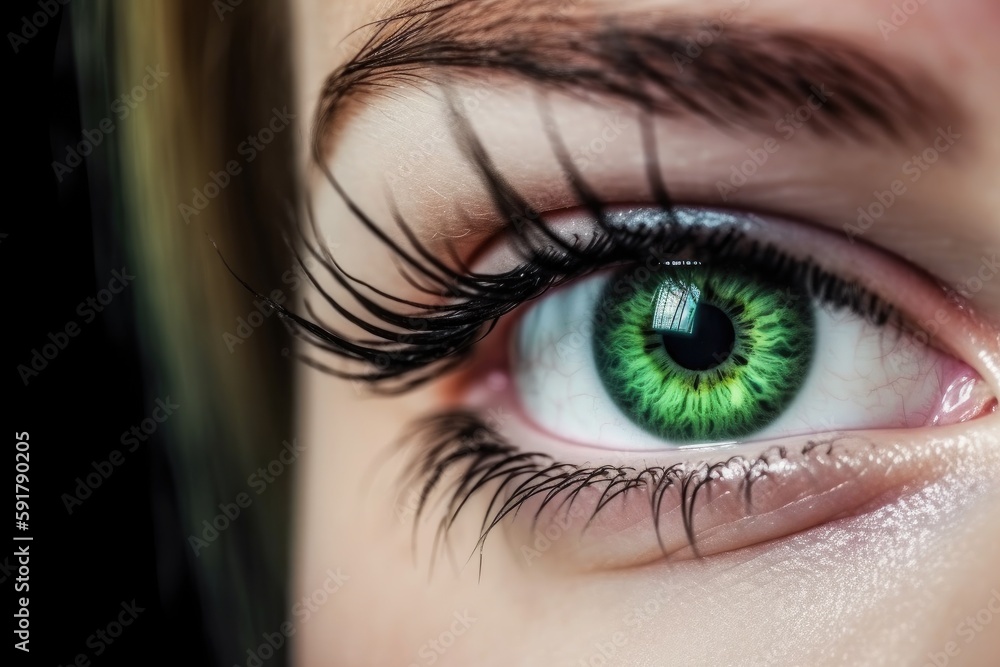 Close-up of a beautiful female green eye with painted eyelashes. Generative AI