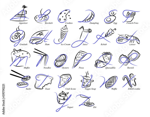 ABC with food. Alphabet A-Z. Images of food. Minimalism. Beautiful letters. Line drawing. logo design initial A-Z combine with food. Restaurant, menu.
