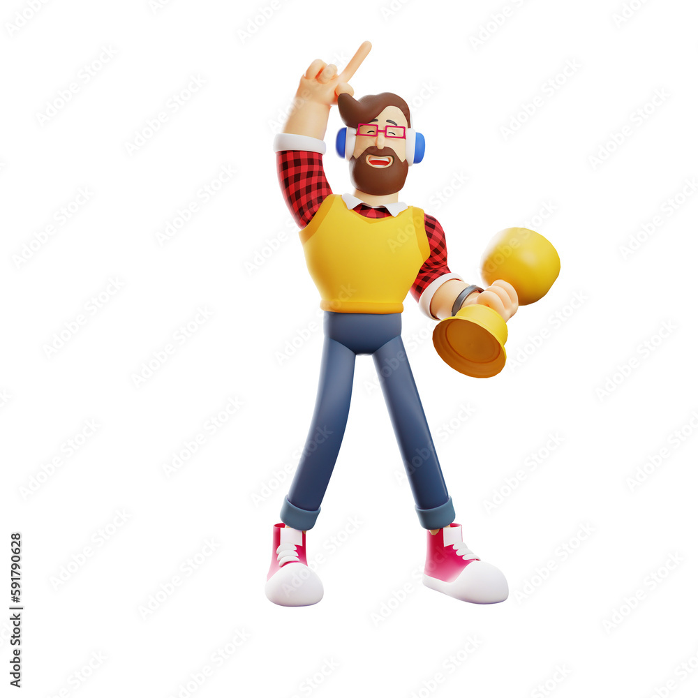 3D illustration. 3D Cartoon Man holding a yellow trophy. raised the cup over his head. with a cheerful smile. 3D Cartoon Character