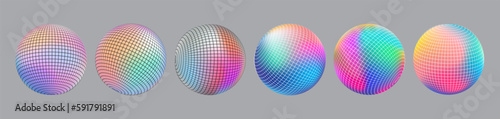Gradient Spherical Grid set, holographic vibrant round icon. Multicolor buttons can be used in banner, social media, web, as design element.