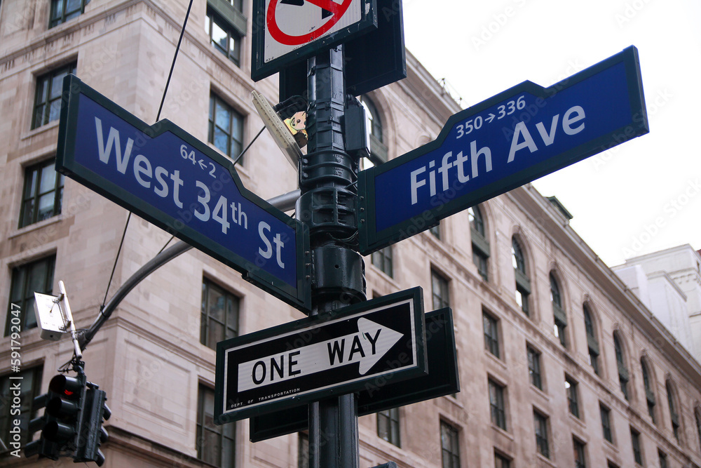 Blue West 34th Street and Fifth Avenue historic sign in midtown Manhattan Blue West 34th Street and Fifth Avenue historic sign in midtown Manhattan