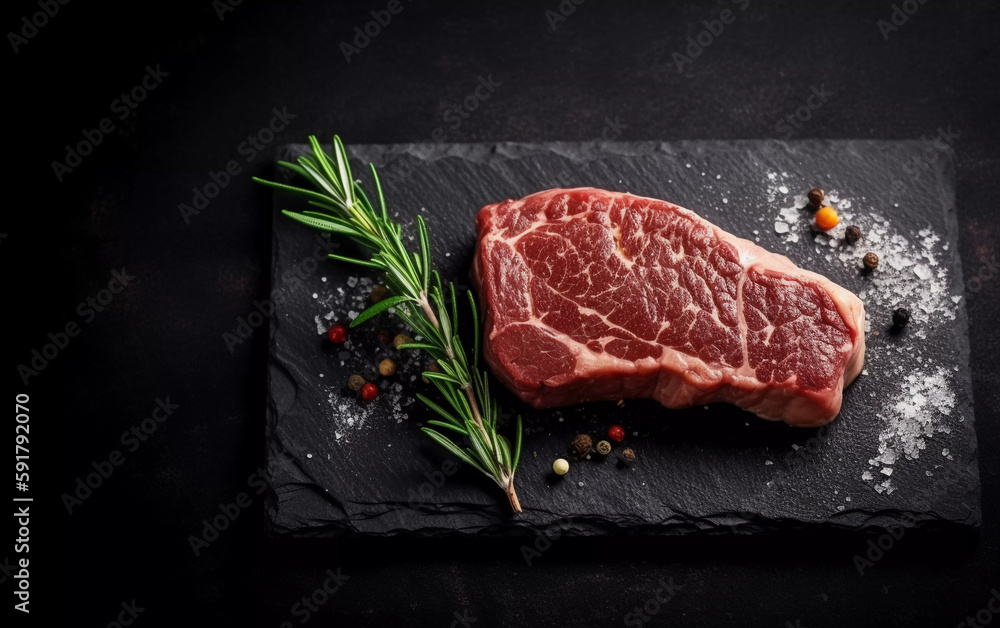 raw beef steak on a black stone plate