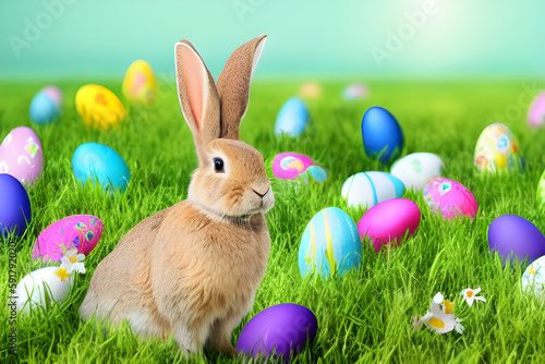 rabbit in a field with easter eggs beautiful sunny day, Generative AI