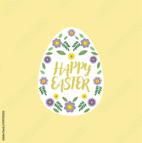 Happy Easter vector poster, banner greeting card in minimalistic style.Easter egg with spring flowers and calligraphy inscription inside. photo