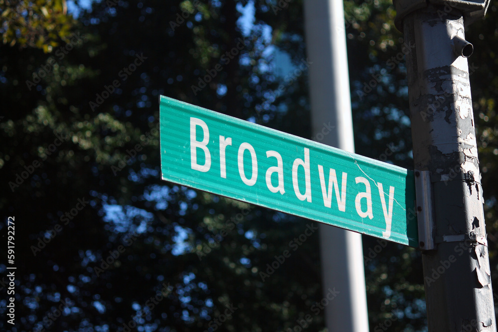 Broadway Street green traffic sign in New York between the skyscrapers Broadway Street green traffic sign in New York between the skyscrapers