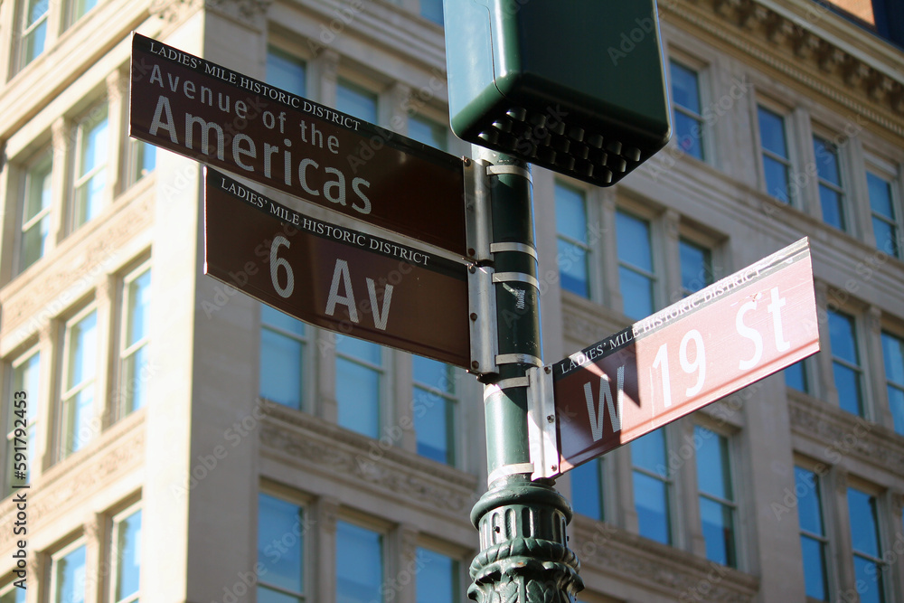 Obraz premium Brown West 19th Street and 6th Avenue of Americas historic sign