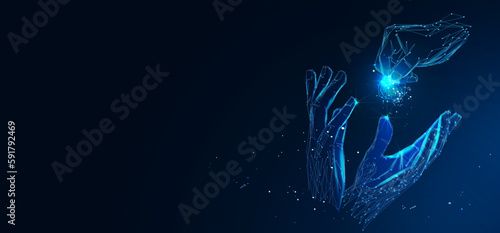 Hand giving and receiving coin. Abstract vector illustration in dark blue. Donation money, charity, payment concept. Low poly mesh wireframe with connected dots, lines, stars and shape
