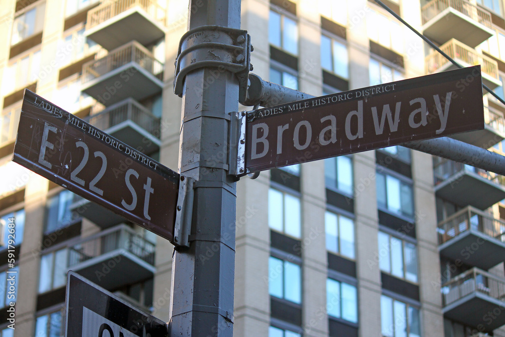 Brown East 22nd Street and Broadway historic sign in Midtown Manhattan in New York City in Ladies Mile Historic District Brown East 22nd Street and Broadway historic sign in Midtown Manhattan in New York City in Ladies Mile Historic District