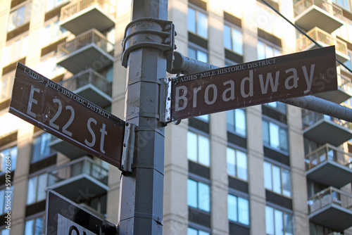 Brown East 22nd Street and Broadway historic sign in Midtown Manhattan in New York City in Ladies Mile Historic District