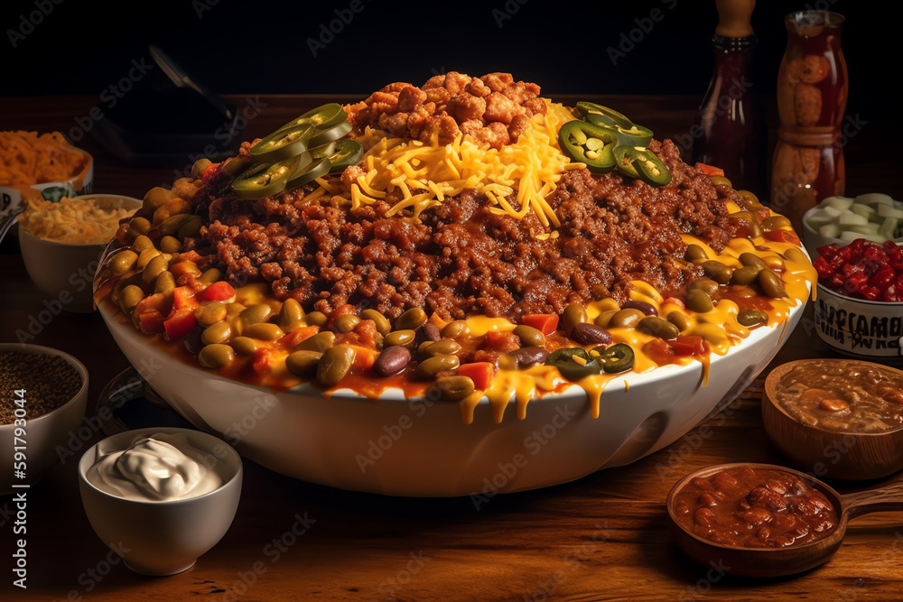 bowl of chili loaded with beans, meat, and toppings. generative AI